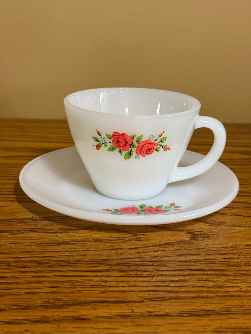 Fire King Vintage Coffee Cup And Saucer Rose Design MCM Circa 1950s-1960s